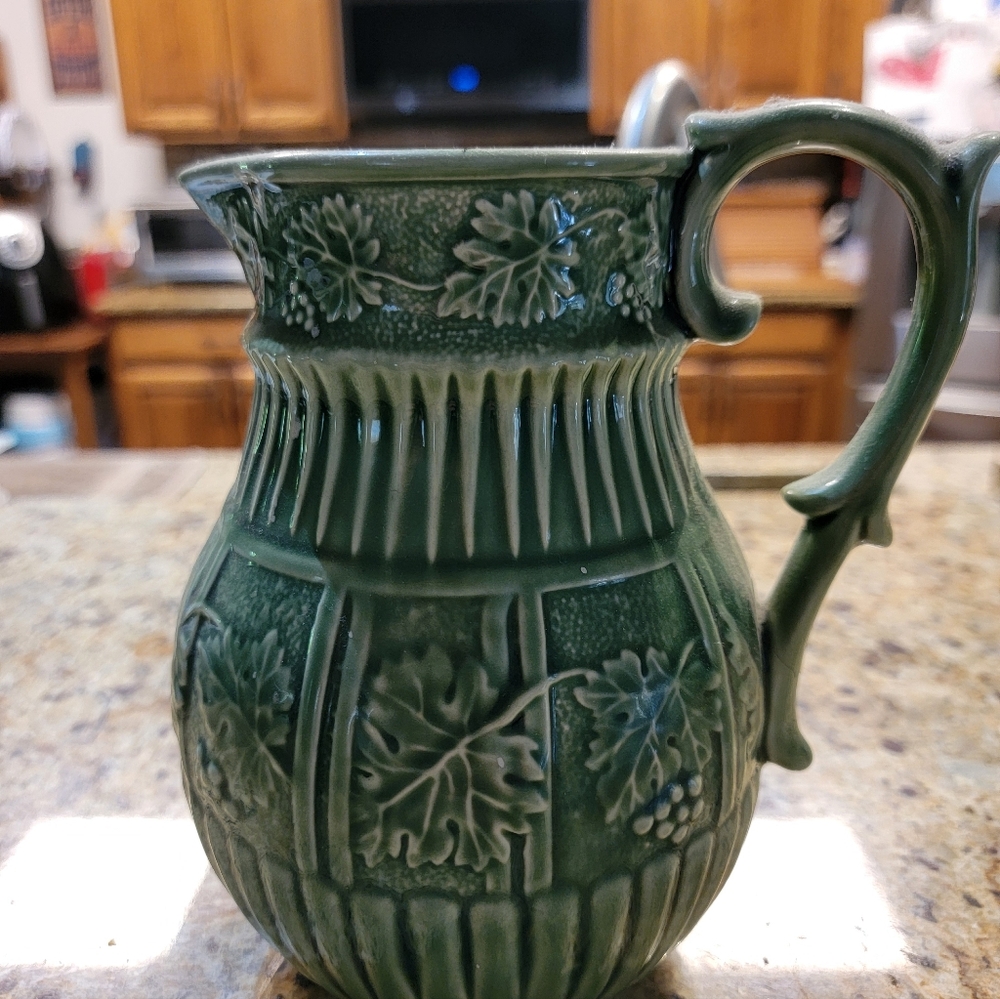 Embossed Bordallo Pinheiro Green Ceramic Pitcher with Leaf & Grape Motif